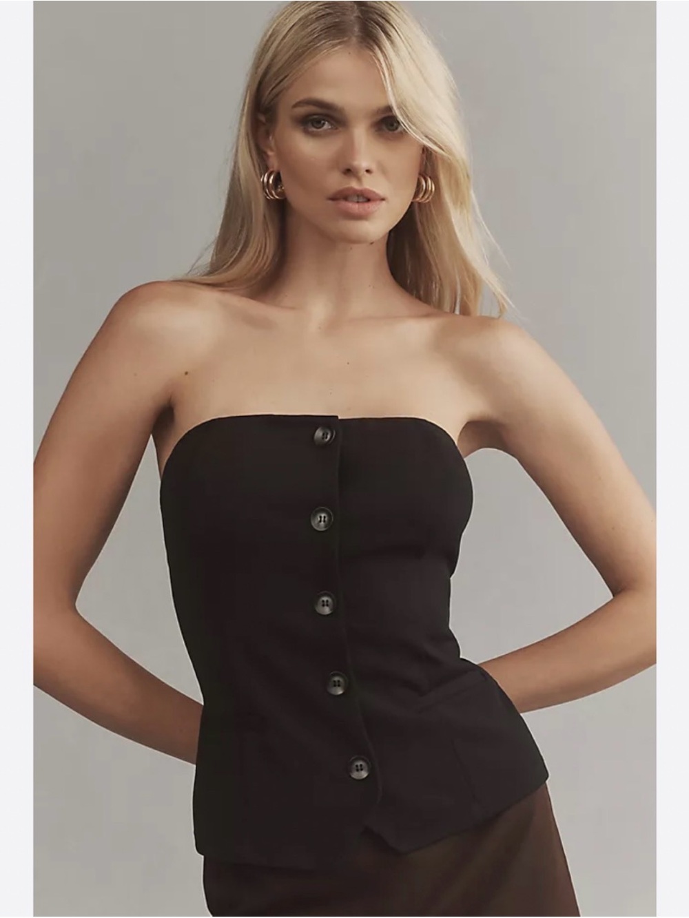 Strapless Black Button-Front Bustier Top